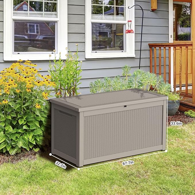 DRATO 260 Gallon Deck Box, Outdoor Large Waterproof Resin Storage Box with Lockable Lid for Patio Cushions, Gardening Tools, Sports Equipment, Light Brown-VerdiqueGarden