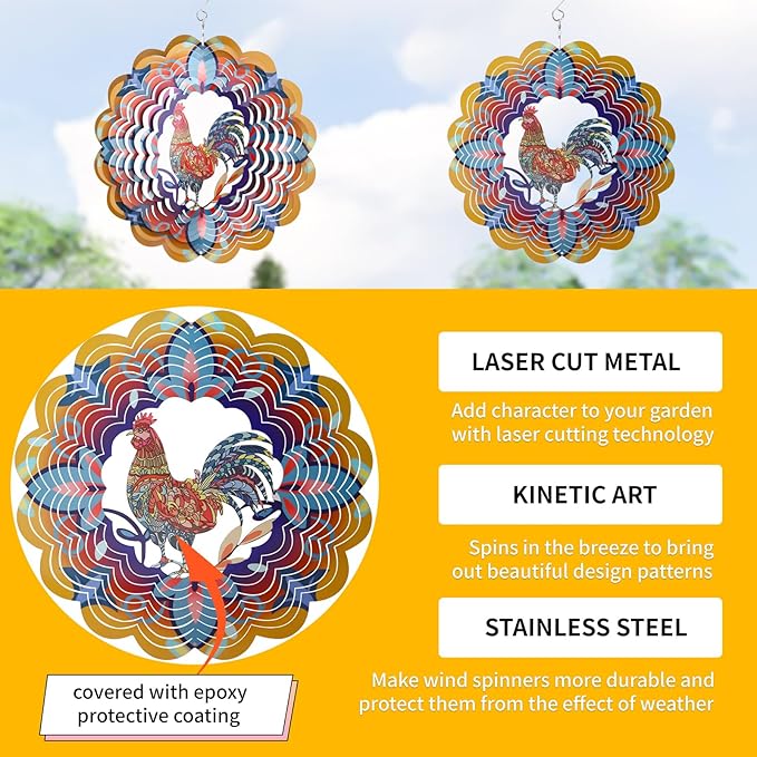 Outdoor Chicken Decoration Wind Spinner Sculpture Art,Metal Clearance Ornament, Chicekn Themed Gifts for Women Rooster Lover,Yard Garden Toy,Hanging Windsock-VerdiqueGarden