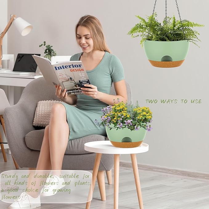 12 Inch Hanging Baskets 2 PC with Chains, Self-Watering Hanging Planters for Indoor Outdoor Plants, Plastic Hanging Flower Pots,Green Brown-VerdiqueGarden