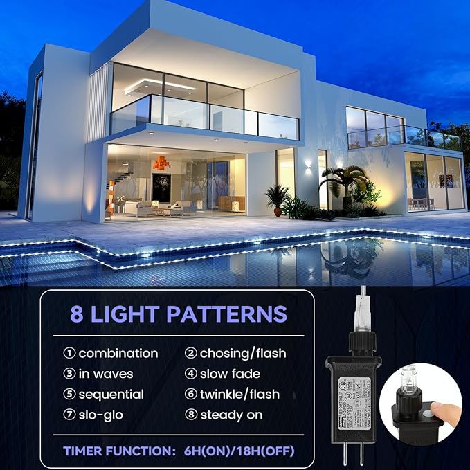 184FT 1000LED Rope Lights Outdoor, Outside LED Rope Lights Plug in String Lights Waterproof 8 Modes Clear Tube Lights for RV Camping Pool Patio Garden Christmas Tree Holiday Decoration(Cool White)-VerdiqueGarden