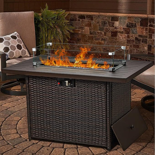 LayinSun 44" Propane Gas Fire Pit Table, 55000 BTU Rectangular Fire Pit with Glass Wind Guard for Outside Patio Deck Garden Backyard Brown-Aluminum Top-VerdiqueGarden