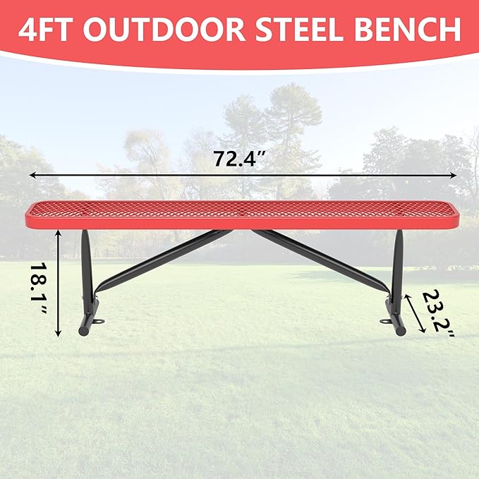 48" L Outdoor Steel Flat Bench, Heavy Duty Metal Park Bench for Outside, Expanded Metal, Commercial Benches Mesh Bench for Shopping Mall, Store, Lawn, Park, Patio, Deck, Garden (Red, 6FT)-VerdiqueGarden