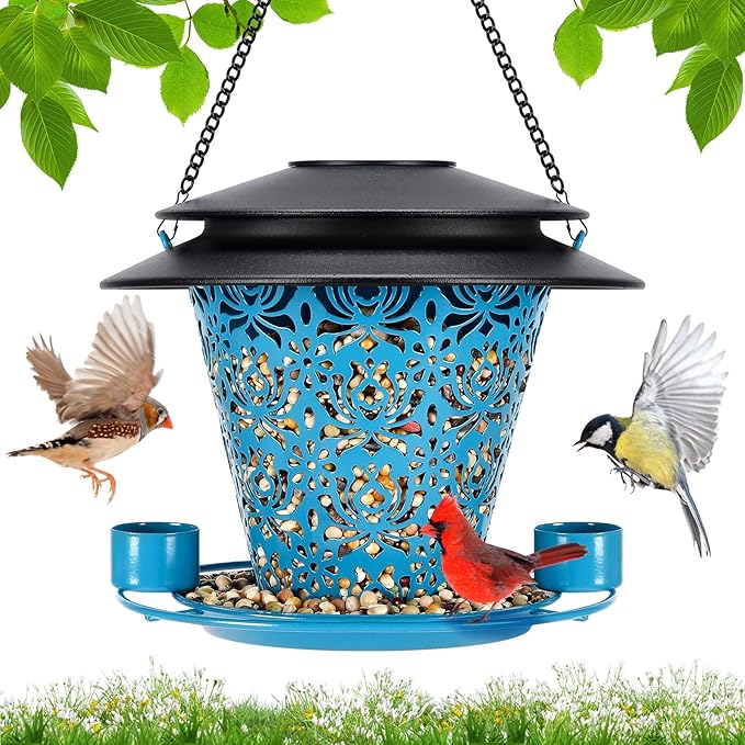 Solar Bird Feeders for Outside Hanging Metal Wild Bird Feeder Solar Lanterns Outdoor Waterproof Garden Decor for Yard Blue-VerdiqueGarden
