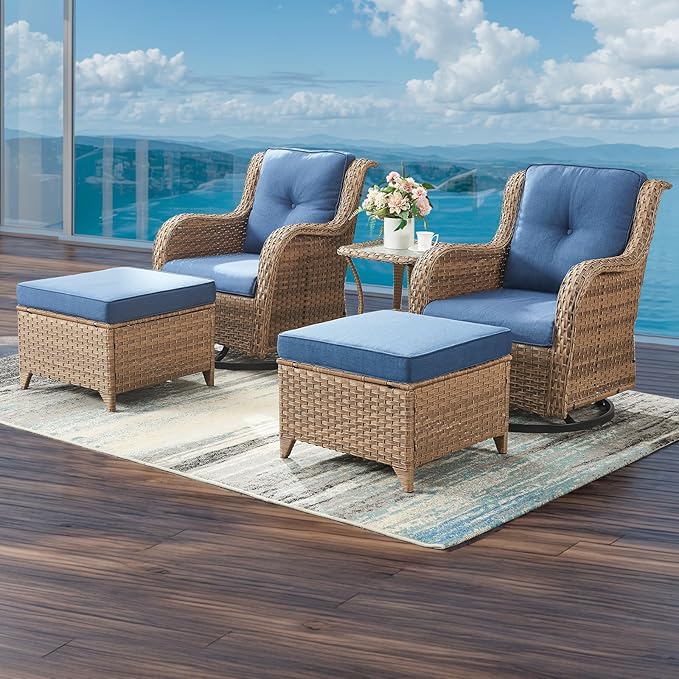 Outdoor Wicker Patio Furniture Set - 5 Pieces Rattan Patio Conversation Set with 2 Rocking Swivel Chairs,2 Ottomans and 1 Side Table for Porch Deck Backyard Garden(Yellow/Blue)-VerdiqueGarden