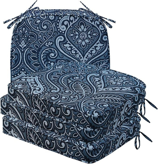 Round Corner Seat Cushions, 17" x 16" x 2", Set of 4, Indoor Outdoor Water Repellent Universal Chair Pads with Ties for Patio Furniture, Garden Deck Dining Chairs, Damask Blue Flower-VerdiqueGarden