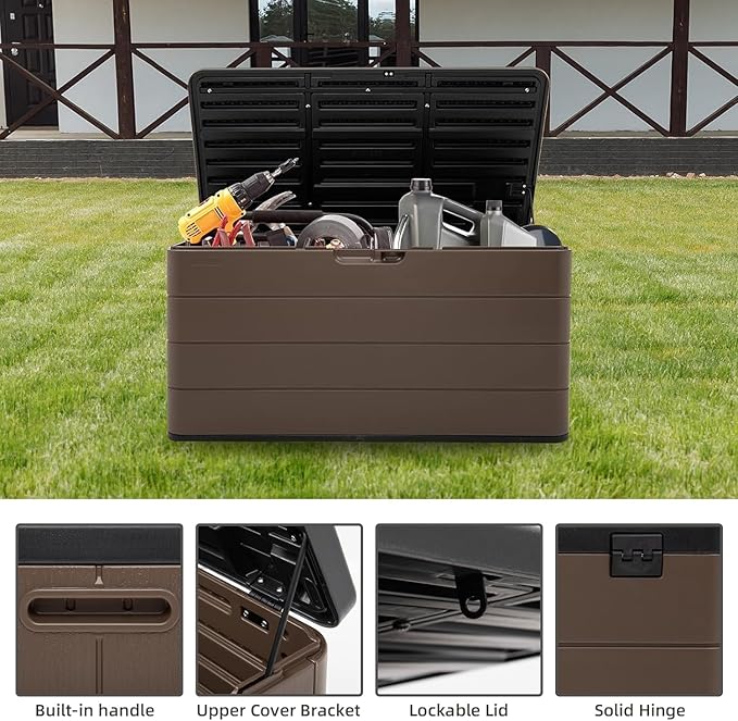 Premium Pro Edition 100 Gallon Lockable Resin Deck Box, Waterproof & UV-Resistant Outdoor Storage Box for Outdoor Cushion Storage, Garden Tools & Pool Accessories Storage, Brown-VerdiqueGarden