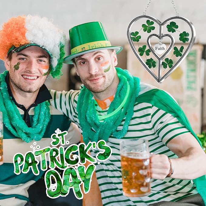 KY&BOSAM Shamrock Heart Suncatcher Faith Suncatcher St Patrick's Day Decoration Grandma Gifts for Windows Hangings Wind Chime with Pressed Flower Gifts for Mom Mother`s Day Valentine's-VerdiqueGarden