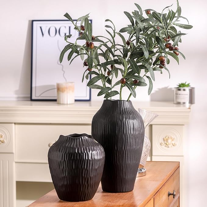 Elegant Black Ceramic Vase - Modern Minimalist Home Decor Vase, Centerpiece for Living Room, Dining Table, Office - 11.6 Inches Tall, Handcrafted Pottery for Farmhouse, Boho, Contemporary Style-VerdiqueGarden