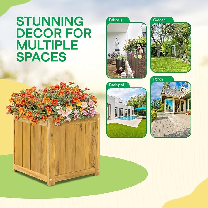 IDZO Acacia Wood Flower Planter Box for Outdoor Plants, 1pc Wooden Raised Garden Bed with Handles, Drainage Holes, Ideal for Garden and Home Décor, Golden Teak-VerdiqueGarden