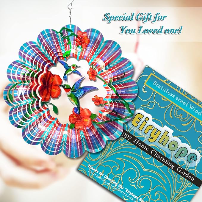 Hummingbird Wind Spinner - Hummingbird Gift for Women Men, Metal Wind Spinners for Outdoor & Indoor Decoration 12in 3D Hanging Bird Wind Catcher Unique Garden Decor Kinetic Yard Art Ornament-VerdiqueGarden