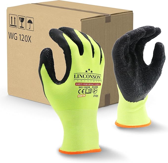 linconson 12 Pack Safety Performance Series Construction Mechanics Wrinkle Latex Work Gloves-VerdiqueGarden