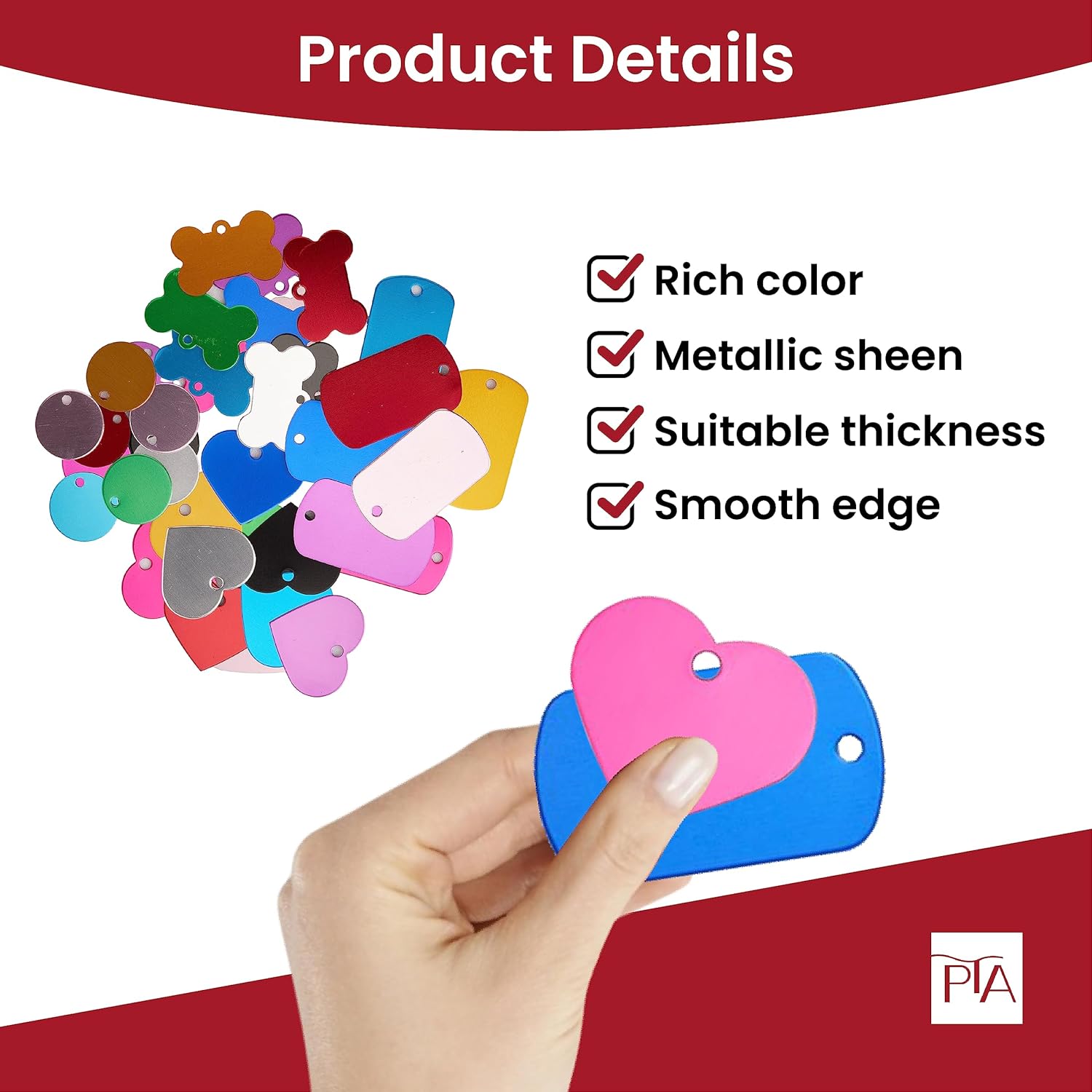 [Press TX Art] 40 Pcs Round(Circle), Bone, Rectangle, Heart Anodized Aluminum Stamping Blanks Tags 10 Mixed Colors Metal Engraving ID Name Tags with Rings (4 Types of Shapes in 10 Colors)-VerdiqueGarden