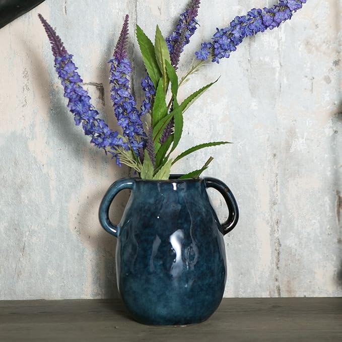Blue Ceramic Vase with 2 Handles, Modern Farmhouse Decor, Rustic Terracotta Pottery, Decorative Flower Vases, Clay Small Vase, Centerpiece for Dining Table - 7 Inch Tall-VerdiqueGarden