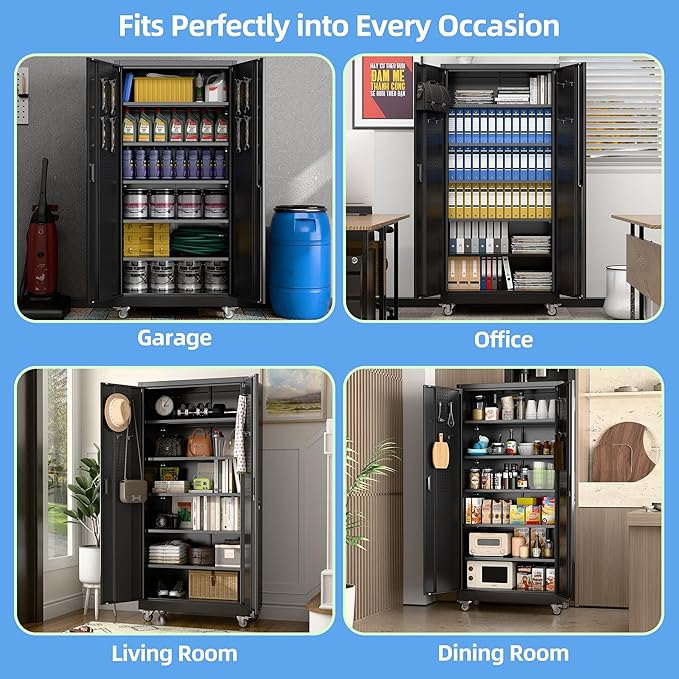 71" H×34" W×18" D Metal Garage Storage Cabinet with Wheels & Pegboard, Lockable Metal Storage Cabinets with 2 Doors&5 Adjustable Shelves for Garage&Home,Assembly Required,Black-VerdiqueGarden