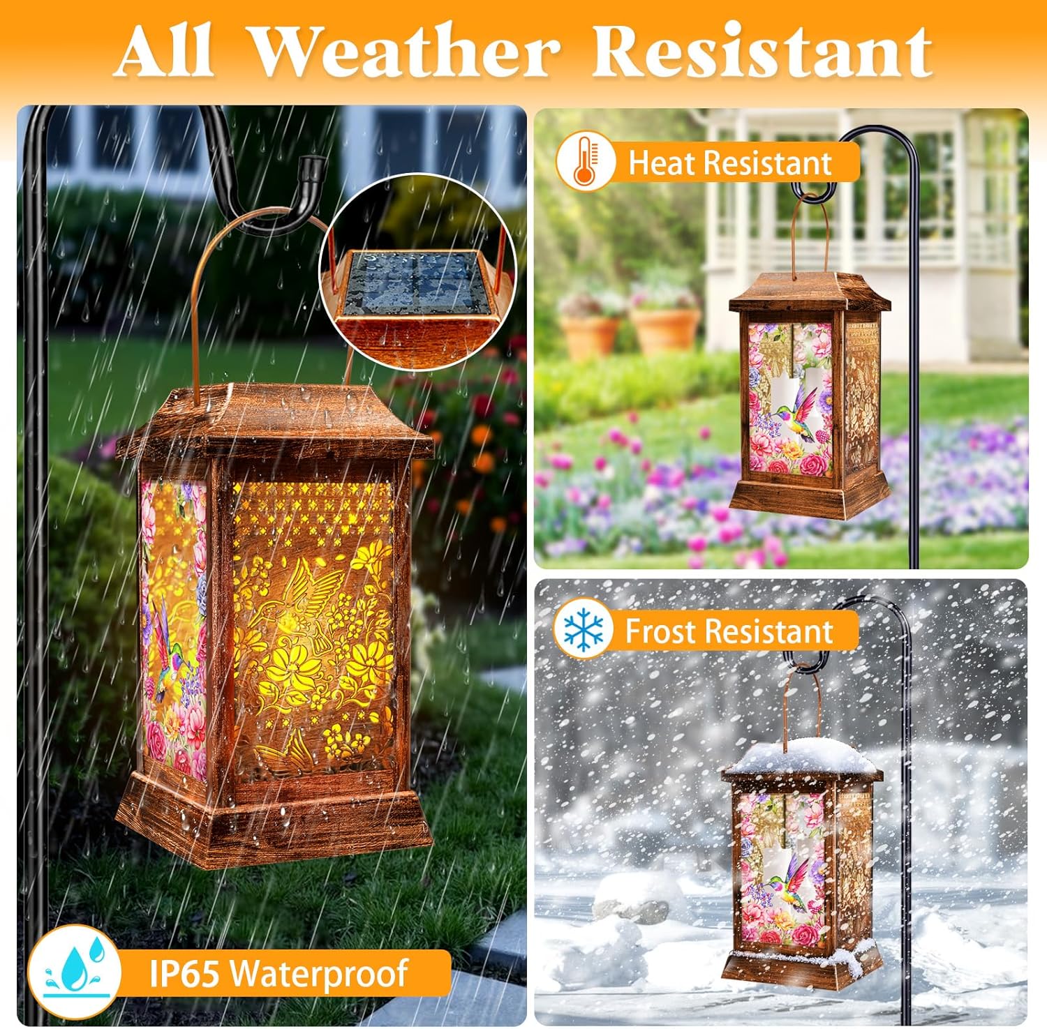Hummingbird Solar Lanterns Outdoor Waterproof, Metal & Glass Hanging Lights Garden Decor, Birthday Gifts for Women Mom Grandma Mothers Day, Decorative Lights for Outside Yard Patio Backyard Porch-VerdiqueGarden