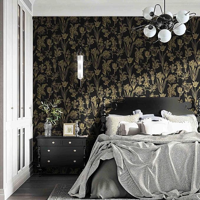 Dimoon 236"x17.3" Floral Wallpaper Peel and Stick Flowers Golden Black Contact Paper Thicken Waterproof Modern Self Adhesive Plants Wallpaper Removable Wall Paper Shelf Vinyl Roll-VerdiqueGarden