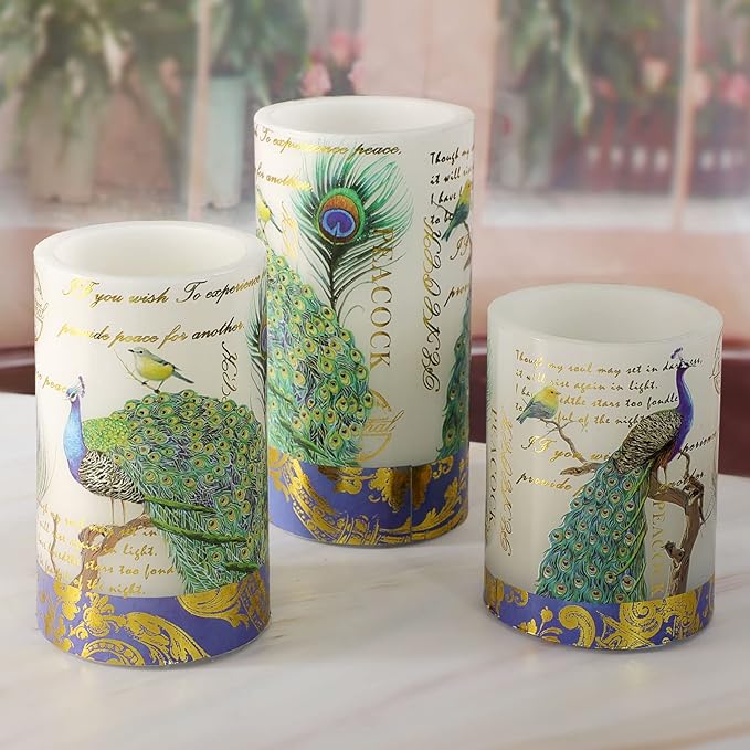 Flameless Peacock Battery Operated Candles With Remote - Flickering Pillar Real Wax LED Vintage Home Decor for Spring, Wedding, Mother's Day Gifts-VerdiqueGarden