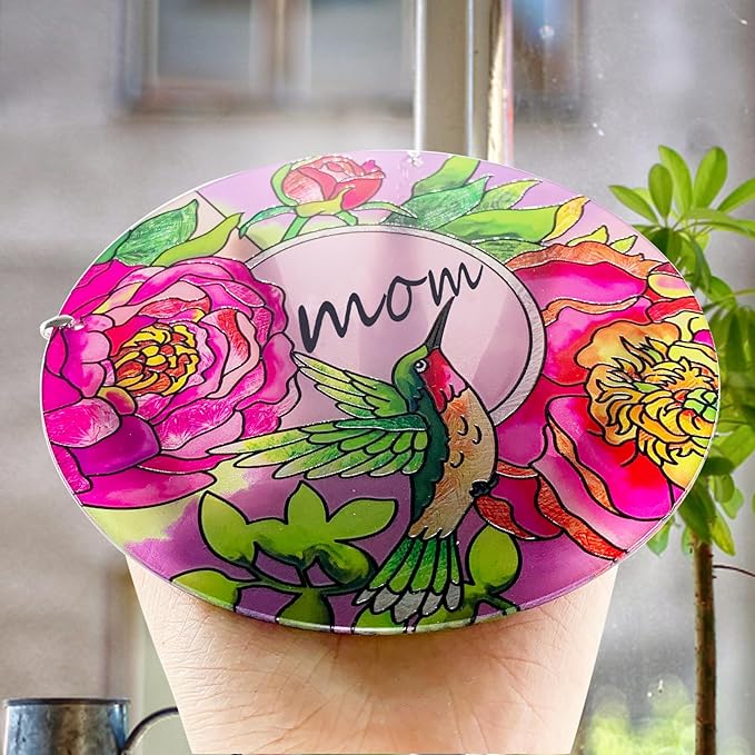 Hummingbird Gifts for Mom, Stained Glass Bird Window Hangings, Sun Catcher Ornament Hanging for Windows, Hummingbird Suncatcher for Women, Mother's Day Birthday Christmas (Suction Cup, 6in)-VerdiqueGarden