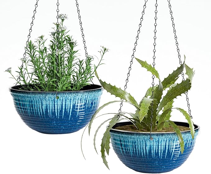 12 inch Hanging Planters for Indoor Outdoor Plants, 2 Pack Large Hanging Flower Pots with Drainage Holes and Chain, Glazed Hanging Baskets for Home Garden Decoration (Blue Flow Glaze)-VerdiqueGarden