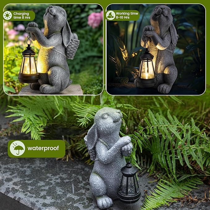 Solar Garden Outdoor Statues Rabbit with Solar Lantern,Outdoor Bunny Figurines Decorations,Lawn Decor Bunny Statue for Patio, Balcony, Yard Ornament,Unique Housewarming and Easter Gifts-VerdiqueGarden