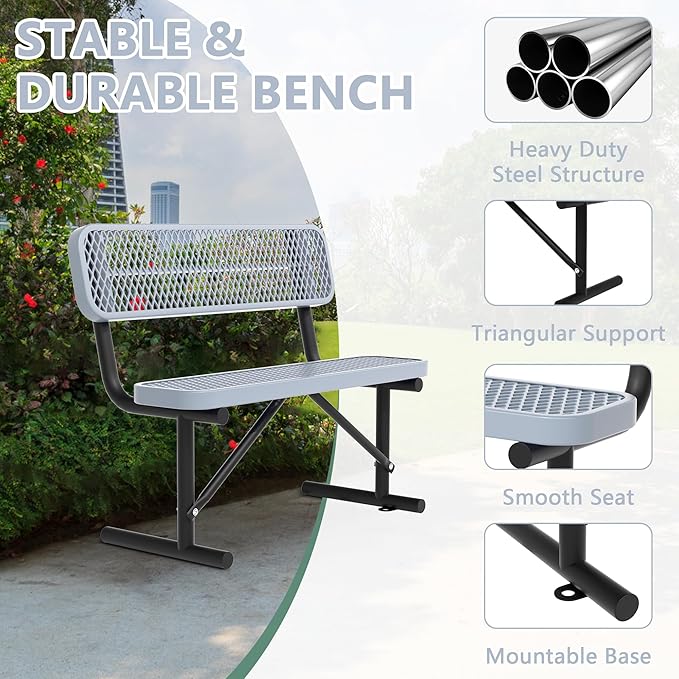 Heavy Duty Park Bench with Back Portable Frame, Outdoor Steel Bench with Backrest, Outdoor Park Bench Expanded Metal Mesh Bench for Lawn, Park, Deck, Garden, Patio, Porch, Black (Gray, 4FT)-VerdiqueGarden