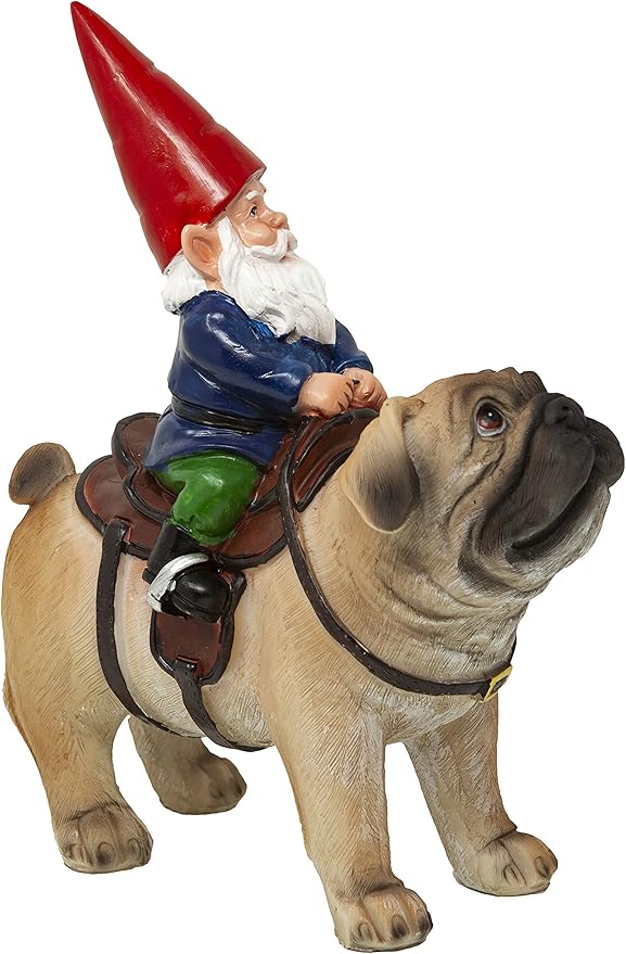 Funny Guy Mugs Garden Gnome Statue - Gnome Riding a Pug - Indoor/Outdoor Garden Gnome Sculpture for Patio, Yard or Lawn-VerdiqueGarden