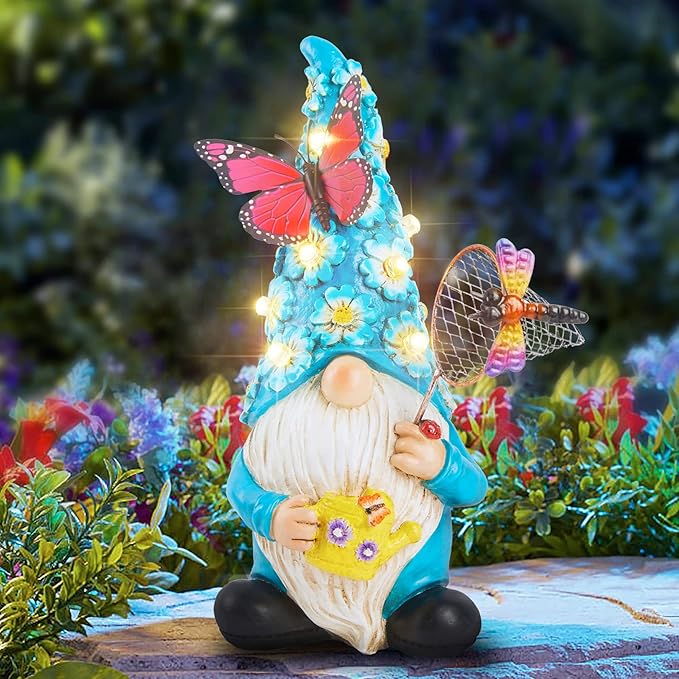 Garden Gnome Statues Outdoor Decor Solar Gnomes with Butterfly on LED Lighted Flowers, Resin Blue Gnomes Sculpture for Patio Yard Lawn Onament Decoration-VerdiqueGarden