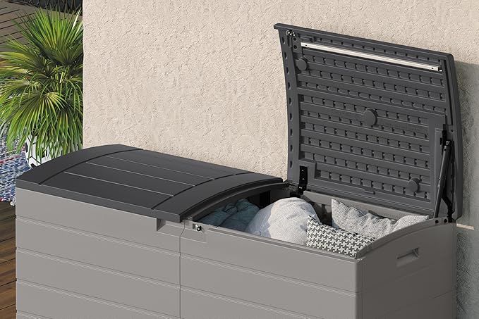 Suncast 120-Gal. All-Weather Patio Deck Box with Pad-Lockable Split Top Lid, Extra-Large Outdoor Storage Unit for Patio Furniture and Grill Tools, Made in the USA-VerdiqueGarden