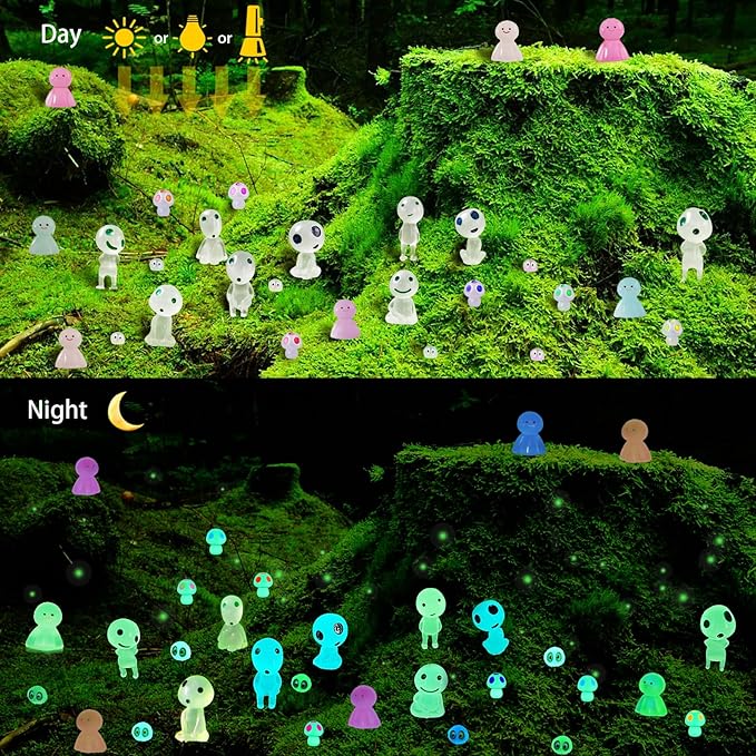 BEZALEL Glow in the Dark Tree Spirits, 49 Pcs Luminous Elves Tree Ghosts Figurines Kit, Mini Glow Fairy Garden Accessories Outdoor with Mini Mushrooms for Garden Bonsai Succulent Terrarium Decorations-VerdiqueGarden