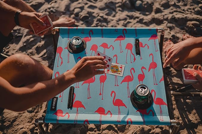 Neso Portable Beach Table with Cup Holders, Cell Phone Pockets, Lightweight for Picnics and Parks (Flamingos)-VerdiqueGarden