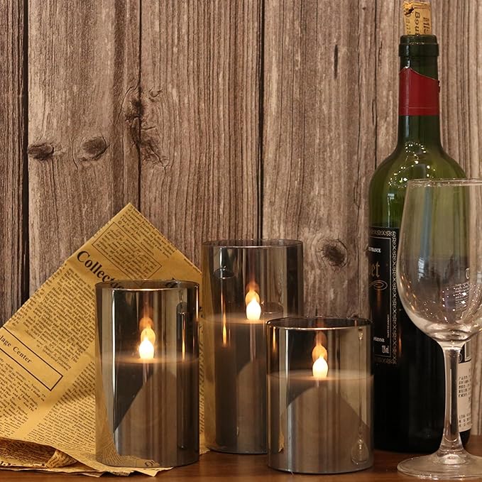 LED Flickering Candles with Remote Timer,Glass Flamless Pillar Candles Real Wax with 3D Wick Realistic,Warmth Decoration for Wedding Home Festival (Grey)-VerdiqueGarden
