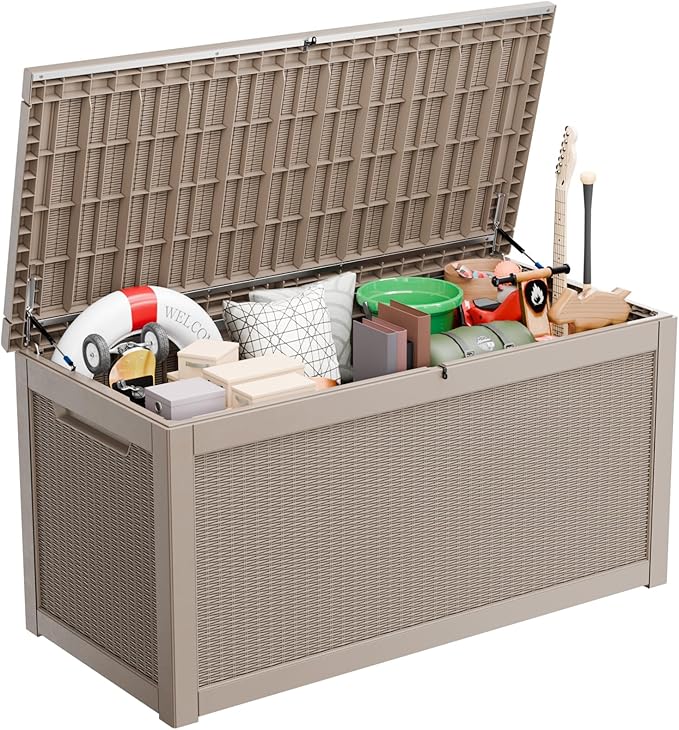 260 Gallon Large Resin Deck Box, Lockable Outdoor Storage Box for Patio Cushions Storage Furniture,Garden Tools, Pool Supplies, Weatherproof and UV Resistant- Grey Rattan (260 Gallon)-VerdiqueGarden