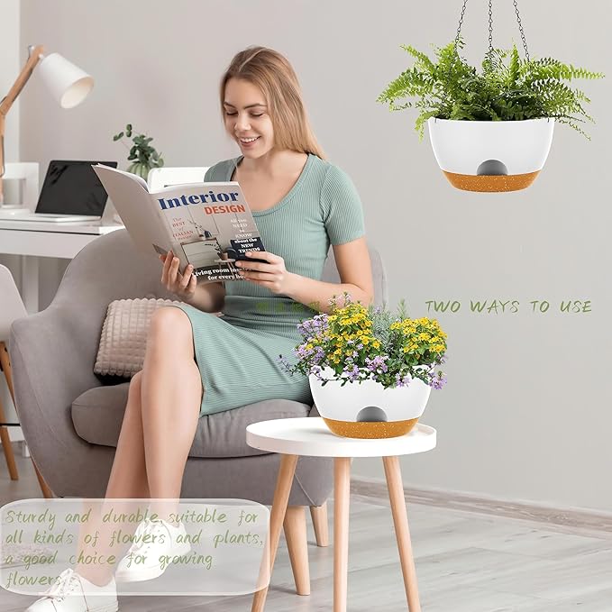 12 Inch Hanging Baskets 2 PC with Chains, Self-Watering Hanging Planters for Indoor Outdoor Plants, Plastic Hanging Flower Pots,White Brown-VerdiqueGarden