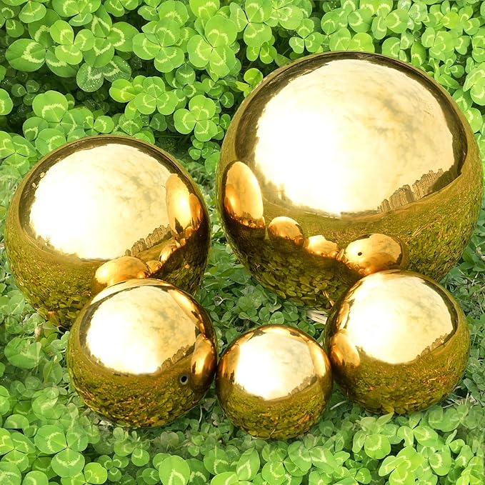 Nerien Gazing Ball, Stainless Steel Garden Mirror Globe, Polished Ornament Sphere, Hollow Floating Reflective Hemisphere, for Home Outdoor Pond Housewarming Swimming Pool Decoration, Gold, 5Pcs Mix-VerdiqueGarden