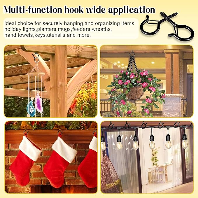 Hooks for Outdoor String Lights, 52 Pack Screw Hooks for Hanging Plants Led Party Lights Garage Wind Chimes, Black Heavy Duty Q Hanger Ceiling with Safety Buckle, Box and Wing Nut Driver-VerdiqueGarden