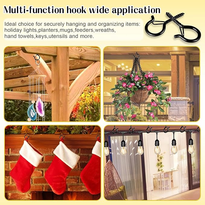 Hooks for Outdoor String Lights, Ceiling Screw Hooks with Safety Buckle Design for Hanging Plants Christmas Lights Party Led Wind Chimes, Black Q Hanger with Wing Nut Driver, 30 Pack-VerdiqueGarden