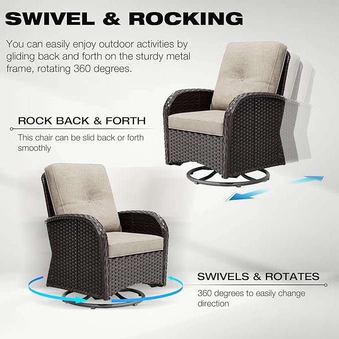 Joyside 6 Piece Patio Furniture Set, Outdoor Wicker Conversation Sets with Swivel Rocker Chairs and Sofa, Thick Cushion, Rattan Patio Sectional for Porch, Deck Use (Brown/Beige, 6 PCS)-VerdiqueGarden