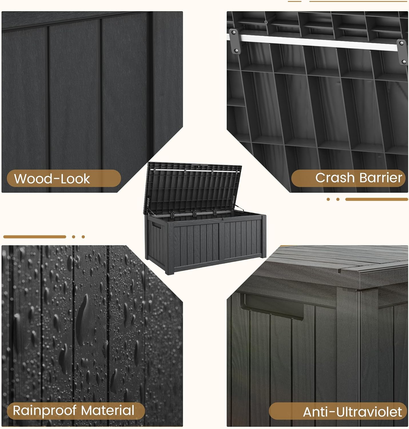 Deck Box, 120 Gallon Outdoor Storage Box Lockable Patio Waterproof for Furniture, Garden Tools, Sports Equipment and Pool Supplies, Waterproof, Resin, Lockable-VerdiqueGarden