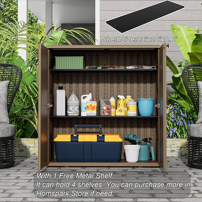HOMSPARK Indoor/Outdoor Storage Cabinet with Doors and Shelf, 34”x16”x36” HDPE Plastic Storage Box for Bedroom, Bathroom, Living Room, Balcony, Multi-Purpose for Toys, Kitchen Tools, Coffee-VerdiqueGarden