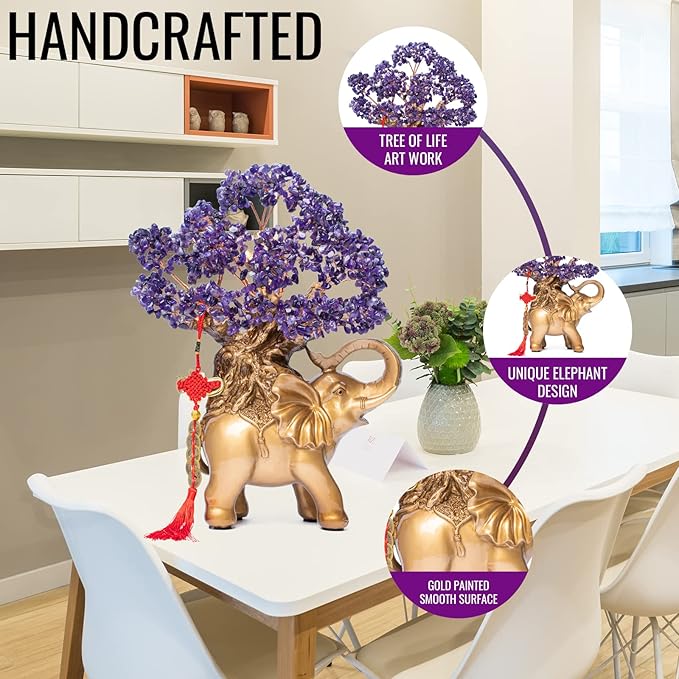 Amethyst Crystal Money Tree on Gold Elephant Statue, 17”Large Gemstone Bonsai Tree of Life Home Décor Gifts for Wealth Positive Energy, Feng Shui Décor-VerdiqueGarden