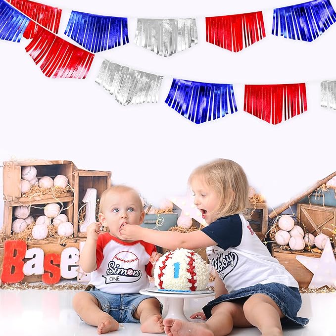 Blue Red Silver Tassel Banner Metallic Fabric Pennant Bunting Flag for 4th of July American USA National Day Patriotic Veterans Graduation Wedding Birthday Retirement Nautical Party Decorations-VerdiqueGarden