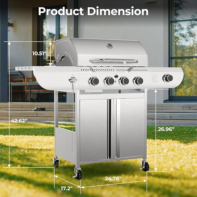 R.W.FLAME 4-Burner Gas Grill with Side Burner, Stainless Steel Propane Grill 42000BTU for Outdoor Cooking, with Porcelain-Enameled Cast Iron Grates, Baking Pan, Silver-VerdiqueGarden