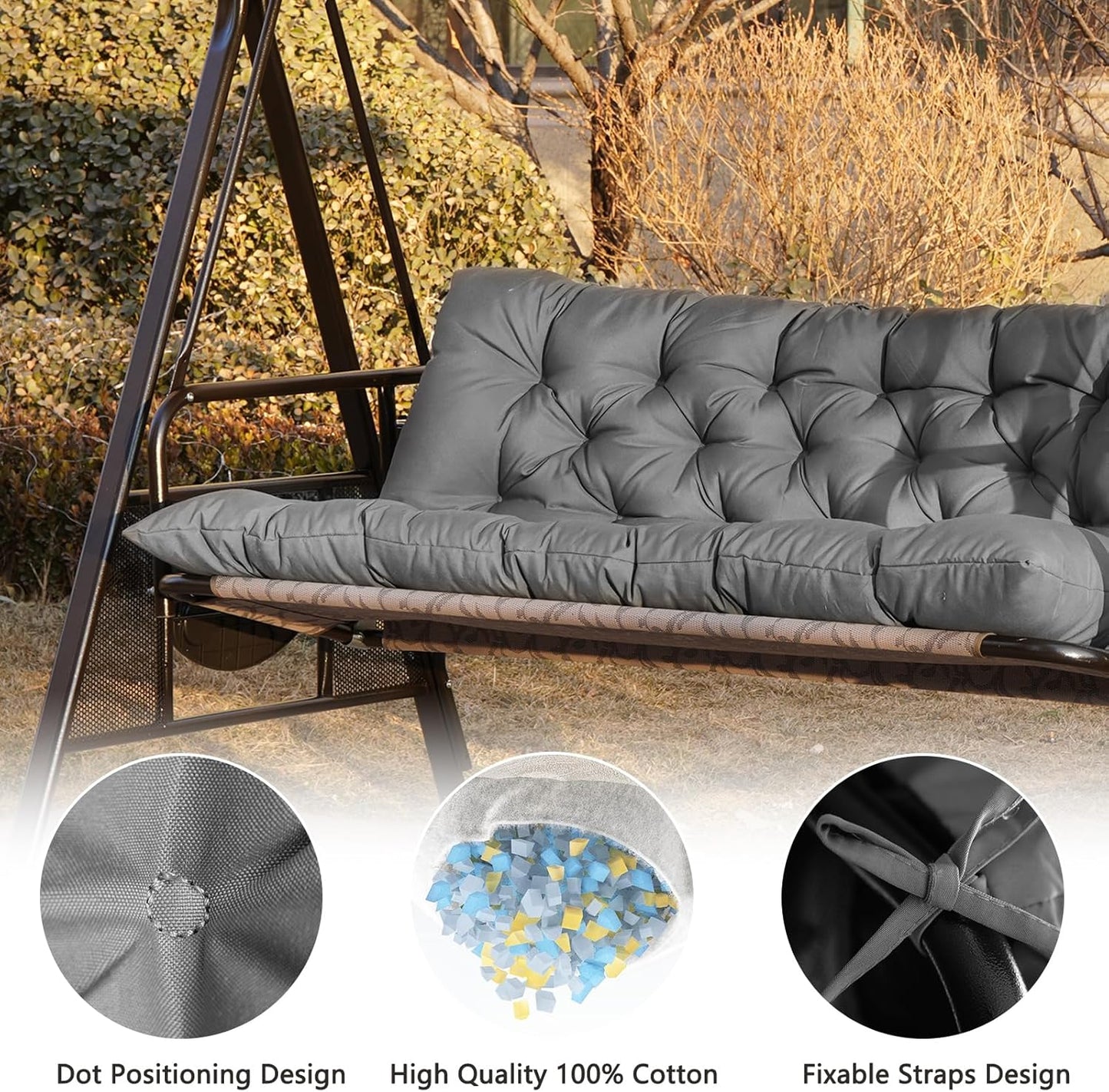 Porch Swing Cushions,Outdoor Cushions 3 Seater Replacement with Backrest, Waterproof Thickened Bench Cushion with Ties for Porch, Patio,Outdoor, Backyard and Garden (Light Gray 60 * 40 in)-VerdiqueGarden