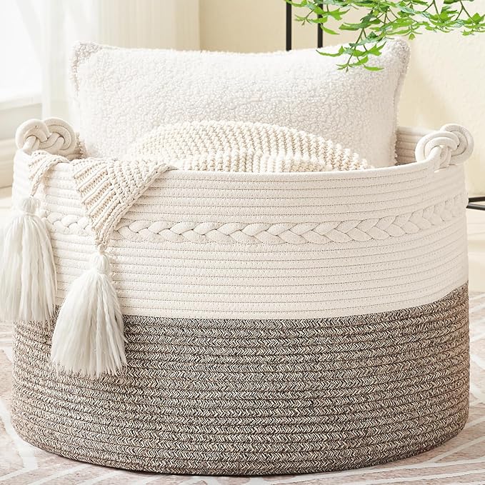 KAKAMAY Large Blanket Basket (20"x13"),Woven Baskets for storage Baby Laundry Hamper, Cotton Rope Blanket Basket for Living Room, Laundry, Nursery, Pillows, Baby Toy chest (White/Beige)-VerdiqueGarden
