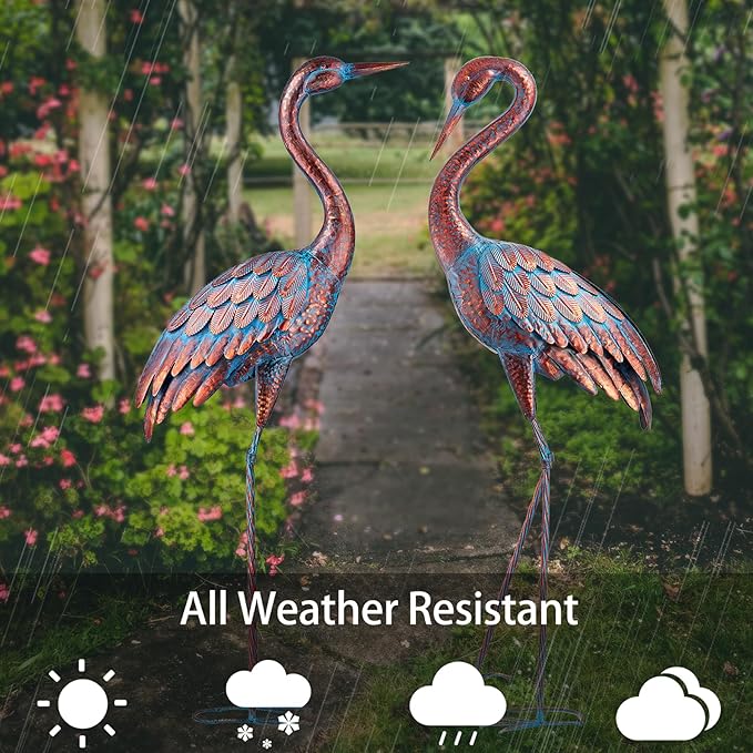 Kircust Garden Crane Statues Patina Heron Decoy, Standing Metal Crane Sculptures Bird Yard Art for Outdoor Decor, 47-48 Inch, Set of 2-VerdiqueGarden