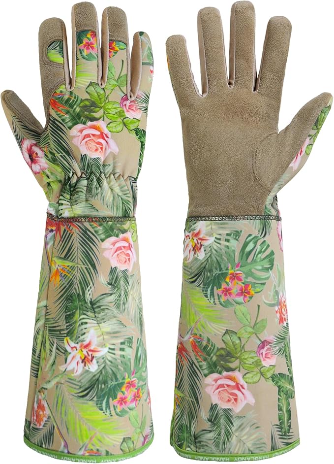 HANDLANDY Leather Gardening Gloves for Women, Thorn Proof Breathable Ladies Rose Pruning Garden Gauntlet Yard Gloves, Gift for Gardeners (Khaki, L)-VerdiqueGarden