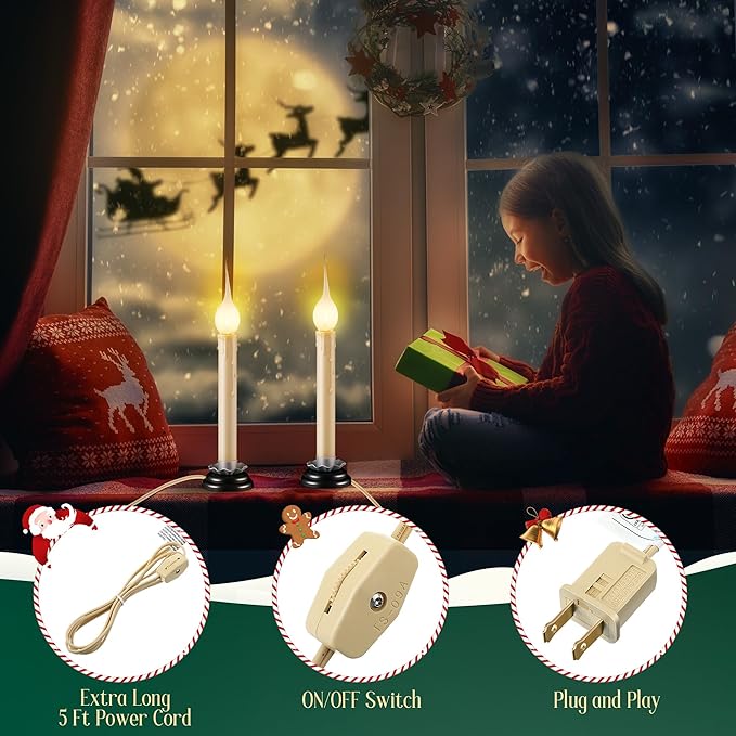 Enhon 4 Pack Rustic Country Candle Lights with Replacement Silicone Bulb, C7 0.6W Electric LED Christmas Window Candles Plug in, UL Certification Warm White Candlestick Lamp, 5 FT Cord, On/Off Switch-VerdiqueGarden