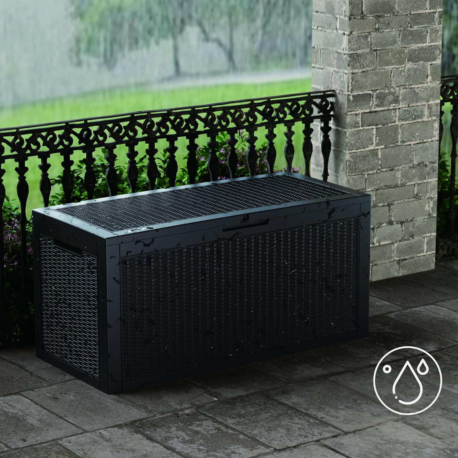 100 Gallon Double-Wall Resin Deck Box - Lockable Waterproof Outdoor Storage Box, 1000lbs Capacity & Doubles as Seating for Patio Furniture - Garden Tools, Pool Accessories (Black)-VerdiqueGarden