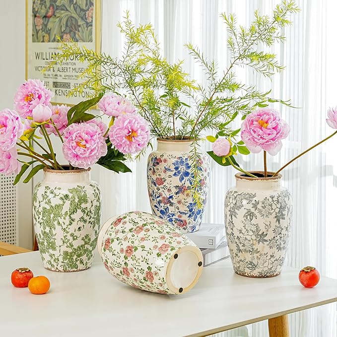 Sungmor Ceramic Flower Vase, Vintage Ice Cracked Glaze Porcelain Vase, Pretty Home Decor Vase for Flower Arrangement, Fresh Flowers, 10.2 Inch Tall Chinoiserie Pottery Vase, Pink Floral Pattern-VerdiqueGarden