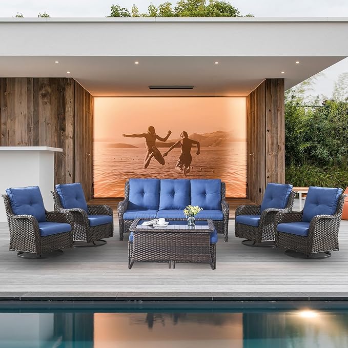 Wicker Patio Furniture Sets - 8 Piece Outdoor Rattan Furniture Conversation Sets with 4 Swivel Rocker Chairs, Rattan Sofa, Wicker Ottomans and Coffee Table, Brown/Blue-VerdiqueGarden